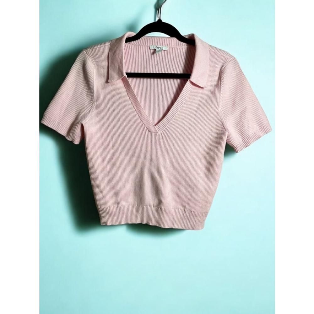 NWOT size L pink collared, ribbed short sleeve crop top Bar III v-neck summer